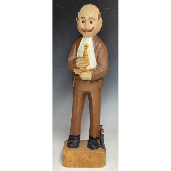 12" Vintage Hand Carved Wooden Statue 'CPA' Businessman Wood Carving Art - Picture 3 of 12